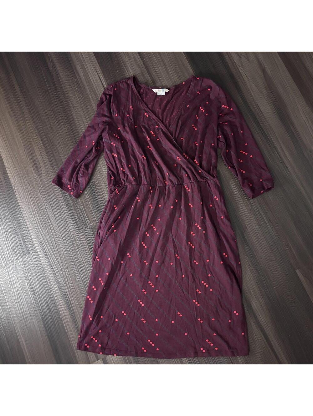 Boden Cressida Faux Wrap Dress Size 10L Burgundy Knee Length Polka Dot Pockets